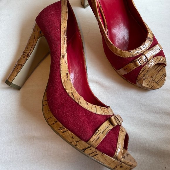 031 Charlotte Russo heels red suede cork bow peep toe 8 SB10 - Picture 4 of 5